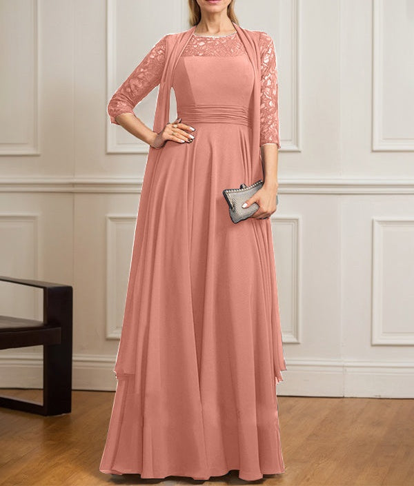 A-line Scoop Illusion Floor-Length Lace Chiffon Mother of the Bride Dress With Pleated