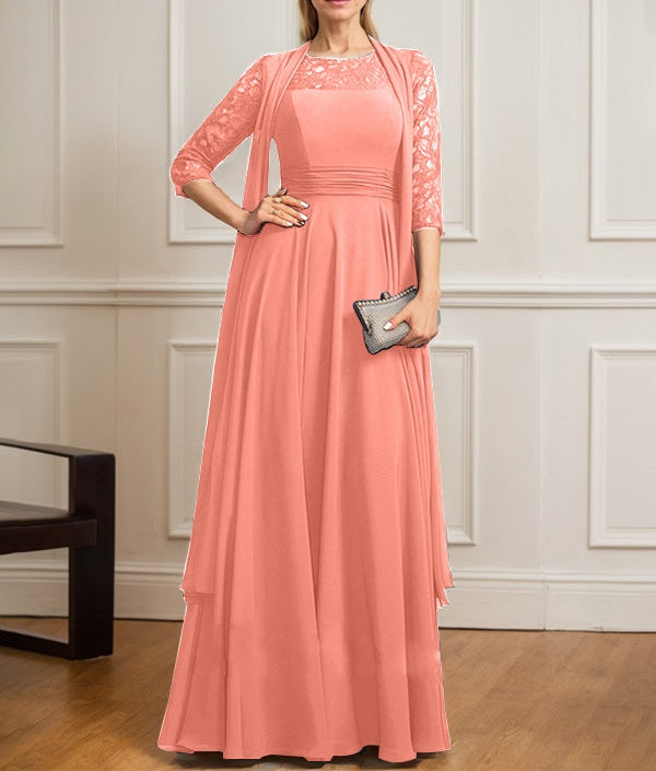 A-line Scoop Illusion Floor-Length Lace Chiffon Mother of the Bride Dress With Pleated
