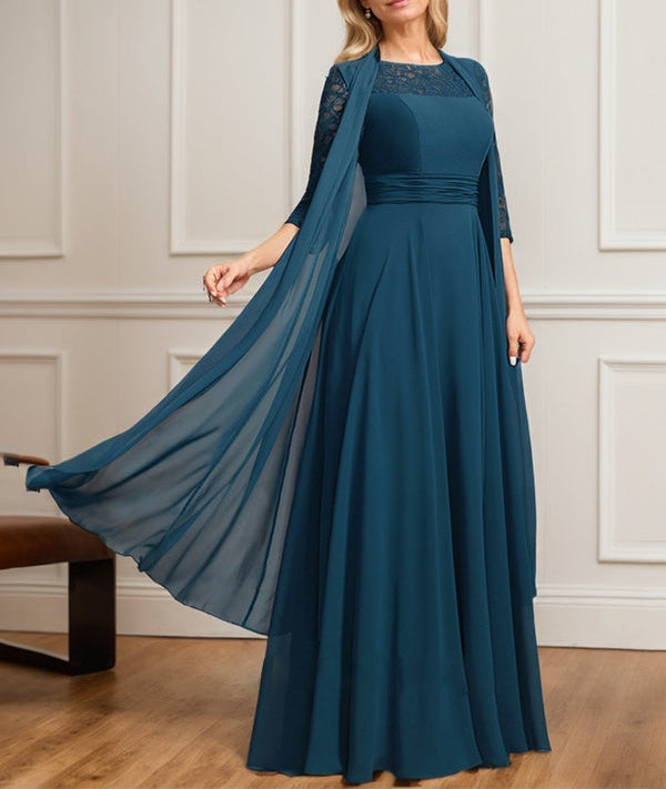 A-line Scoop Illusion Floor-Length Lace Chiffon Mother of the Bride Dress With Pleated