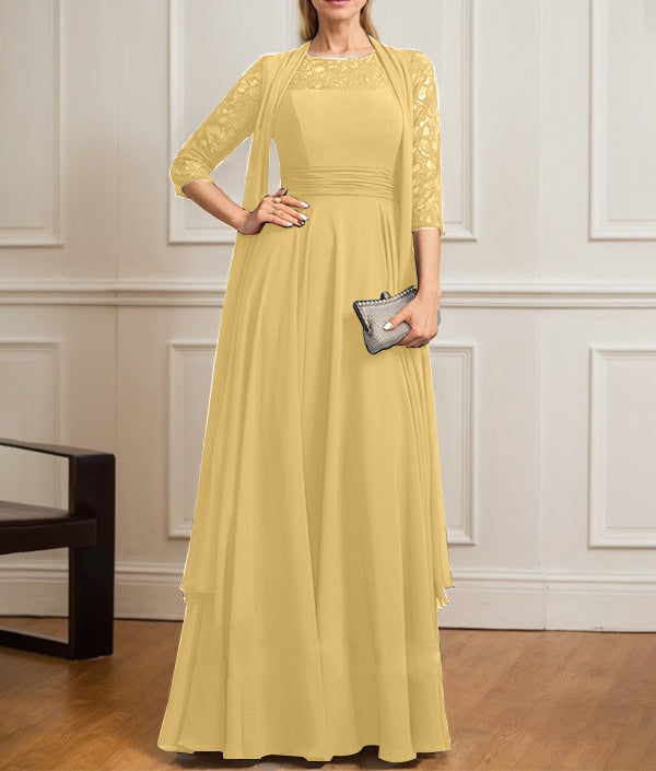 A-line Scoop Illusion Floor-Length Lace Chiffon Mother of the Bride Dress With Pleated
