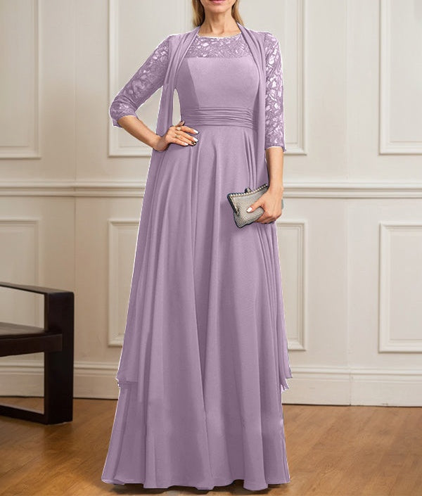 A-line Scoop Illusion Floor-Length Lace Chiffon Mother of the Bride Dress With Pleated