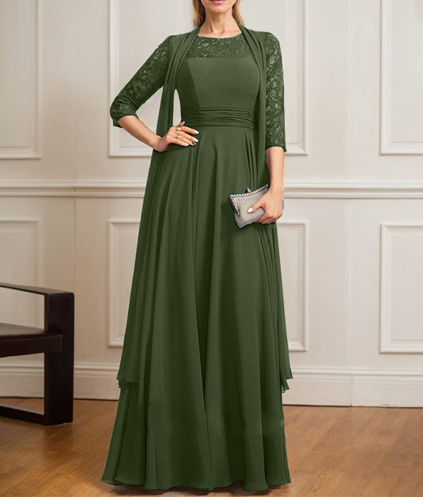 A-line Scoop Illusion Floor-Length Lace Chiffon Mother of the Bride Dress With Pleated