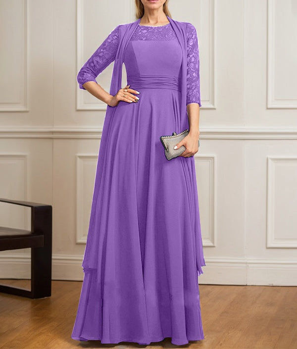 A-line Scoop Illusion Floor-Length Lace Chiffon Mother of the Bride Dress With Pleated