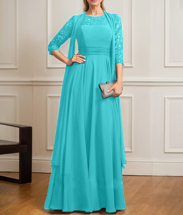 A-line Scoop Illusion Floor-Length Lace Chiffon Mother of the Bride Dress With Pleated