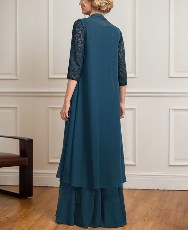 A-line Scoop Illusion Floor-Length Lace Chiffon Mother of the Bride Dress With Pleated