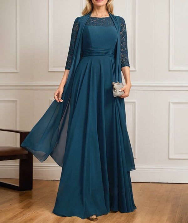 A-line Scoop Illusion Floor-Length Lace Chiffon Mother of the Bride Dress With Pleated