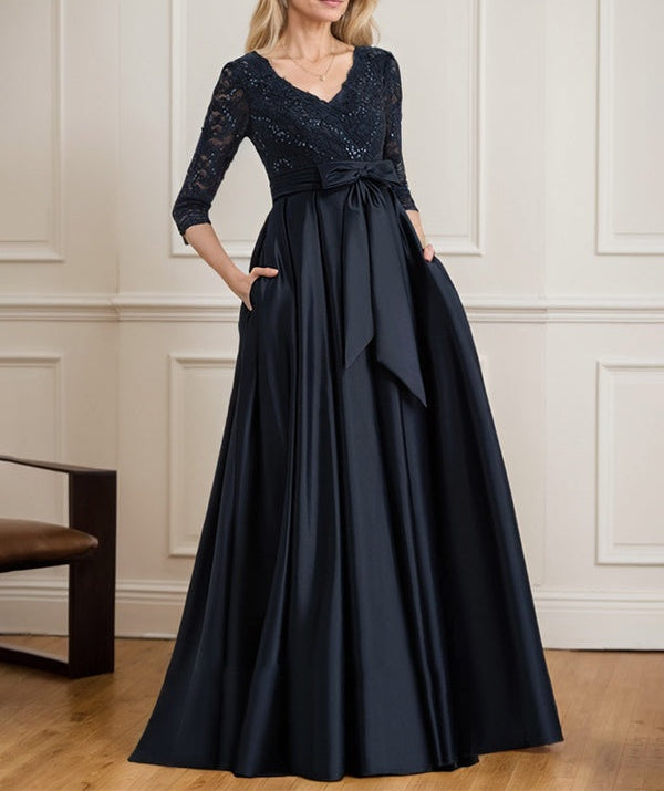 A-line V-Neck Floor-Length Satin Lace Mother of the Bride Dress With Sequins Bow