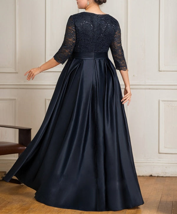 A-line V-Neck Floor-Length Satin Lace Mother of the Bride Dress With Sequins Bow