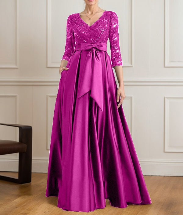A-line V-Neck Floor-Length Satin Lace Mother of the Bride Dress With Sequins Bow