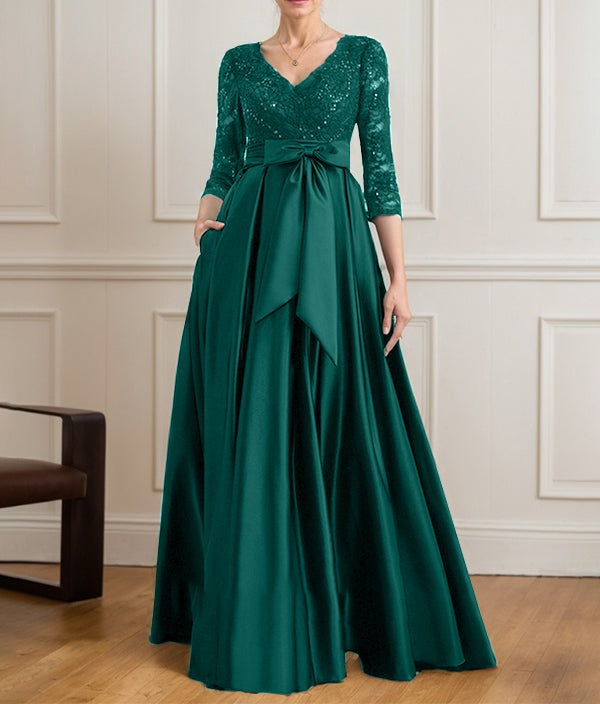 A-line V-Neck Floor-Length Satin Lace Mother of the Bride Dress With Sequins Bow