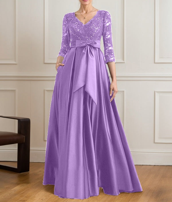 A-line V-Neck Floor-Length Satin Lace Mother of the Bride Dress With Sequins Bow