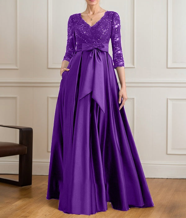 A-line V-Neck Floor-Length Satin Lace Mother of the Bride Dress With Sequins Bow