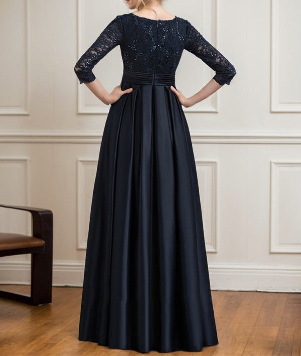 A-line V-Neck Floor-Length Satin Lace Mother of the Bride Dress With Sequins Bow