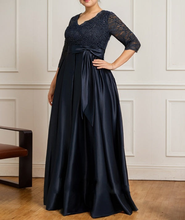 A-line V-Neck Floor-Length Satin Lace Mother of the Bride Dress With Sequins Bow