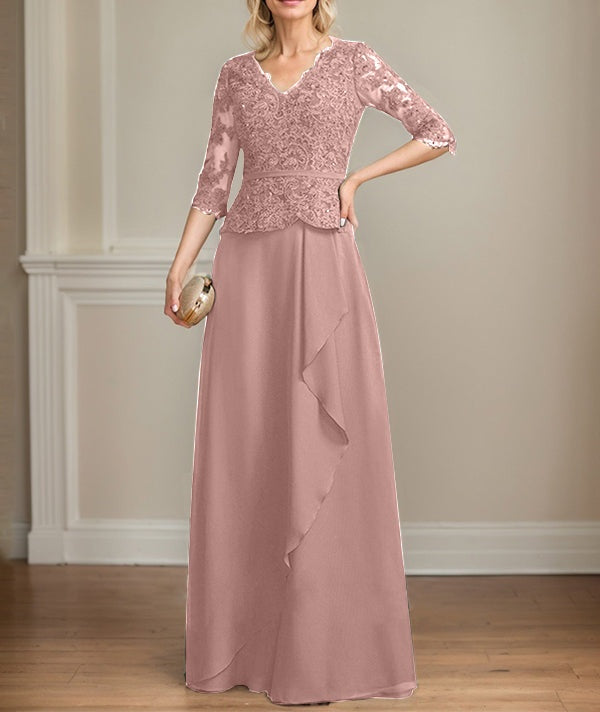 A-line V-Neck Floor-Length Lace Chiffon Mother of the Bride Dress With Cascading Ruffles Sequins