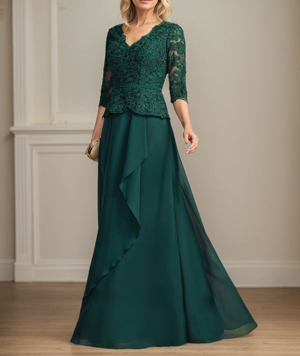 A-line V-Neck Floor-Length Lace Chiffon Mother of the Bride Dress With Cascading Ruffles Sequins