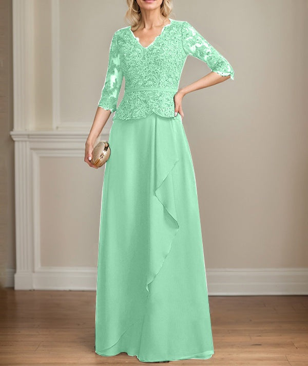 A-line V-Neck Floor-Length Lace Chiffon Mother of the Bride Dress With Cascading Ruffles Sequins