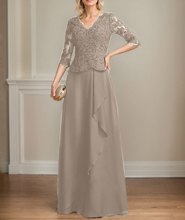 A-line V-Neck Floor-Length Lace Chiffon Mother of the Bride Dress With Cascading Ruffles Sequins