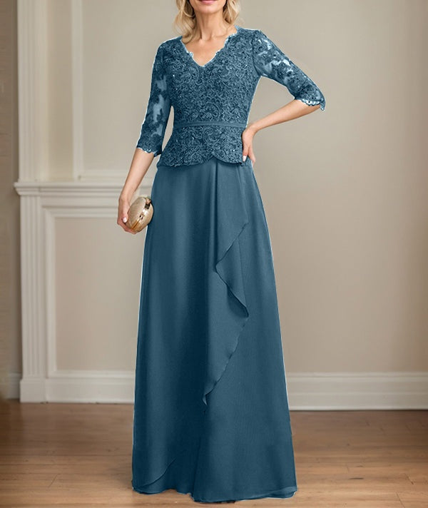 A-line V-Neck Floor-Length Lace Chiffon Mother of the Bride Dress With Cascading Ruffles Sequins