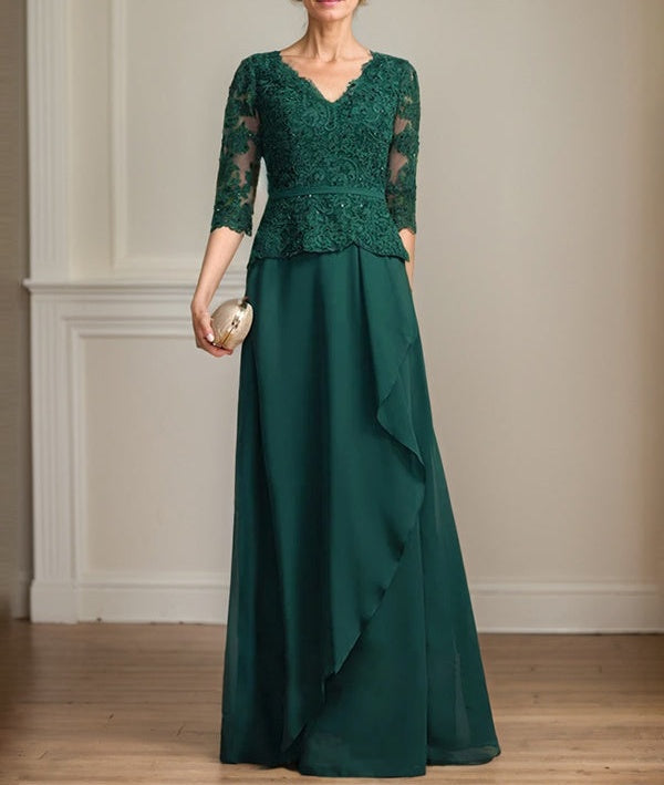 A-line V-Neck Floor-Length Lace Chiffon Mother of the Bride Dress With Cascading Ruffles Sequins