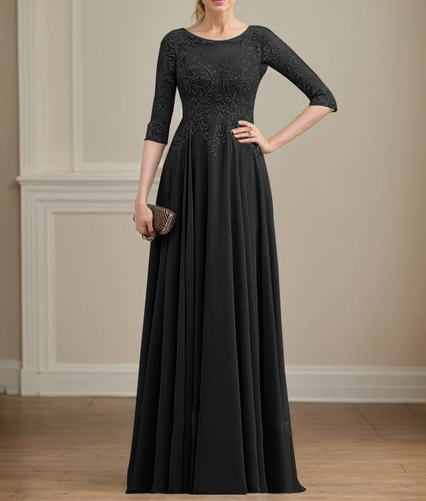 A-line Scoop Illusion Floor-Length Lace Chiffon Mother of the Bride Dress With Sequins