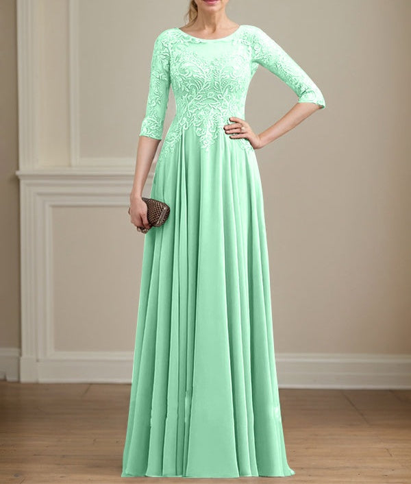 A-line Scoop Illusion Floor-Length Lace Chiffon Mother of the Bride Dress With Sequins