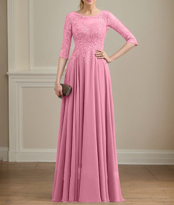 A-line Scoop Illusion Floor-Length Lace Chiffon Mother of the Bride Dress With Sequins