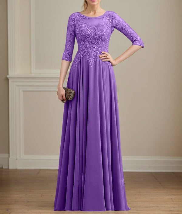 A-line Scoop Illusion Floor-Length Lace Chiffon Mother of the Bride Dress With Sequins