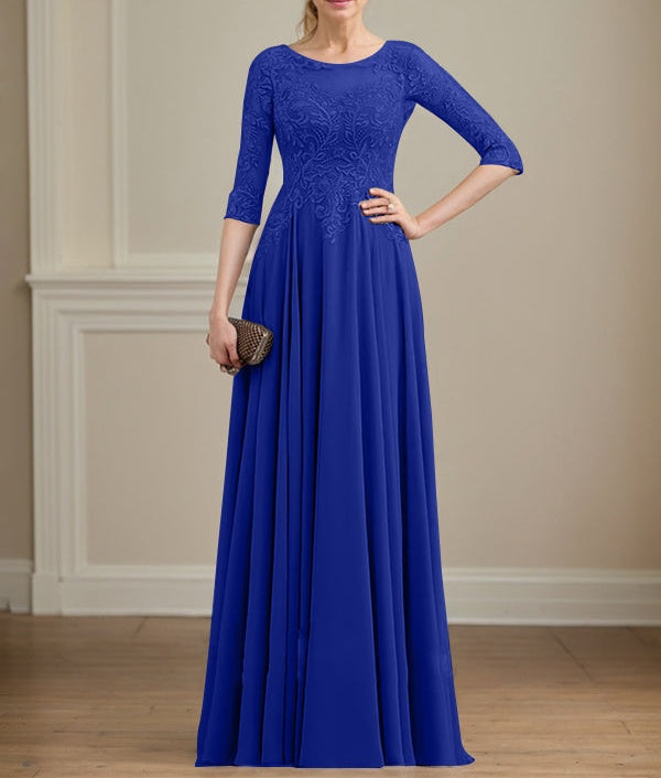 A-line Scoop Illusion Floor-Length Lace Chiffon Mother of the Bride Dress With Sequins