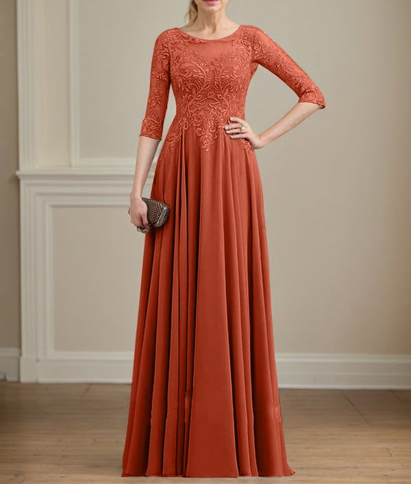 A-line Scoop Illusion Floor-Length Lace Chiffon Mother of the Bride Dress With Sequins