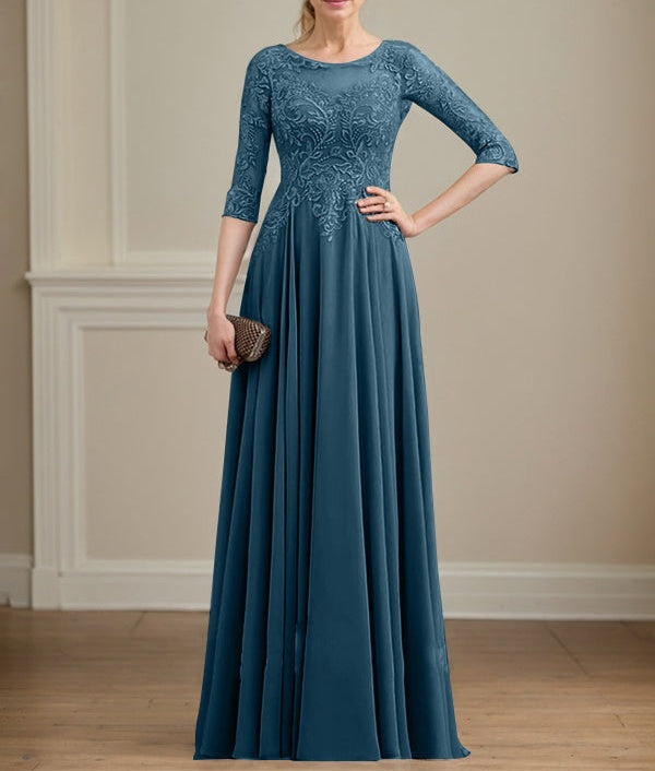 A-line Scoop Illusion Floor-Length Lace Chiffon Mother of the Bride Dress With Sequins