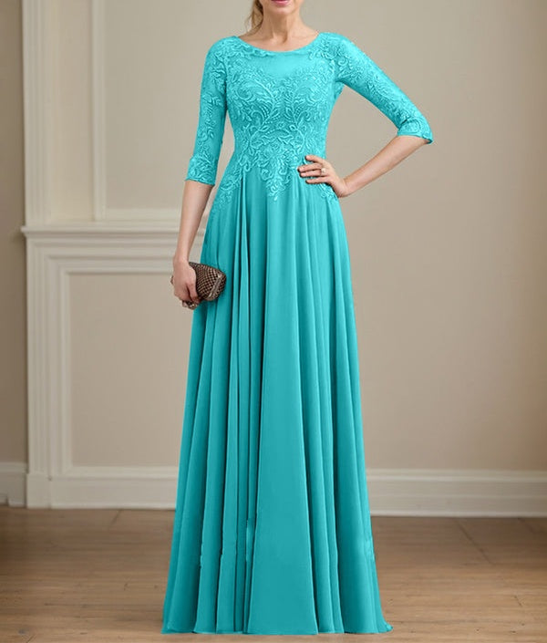 A-line Scoop Illusion Floor-Length Lace Chiffon Mother of the Bride Dress With Sequins
