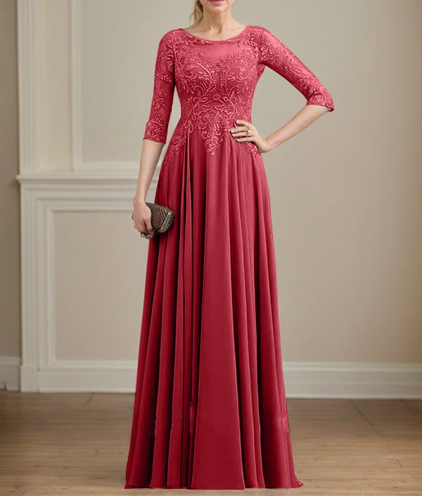 A-line Scoop Illusion Floor-Length Lace Chiffon Mother of the Bride Dress With Sequins