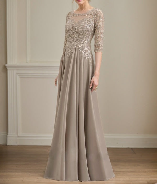 A-line Scoop Illusion Floor-Length Lace Chiffon Mother of the Bride Dress With Sequins