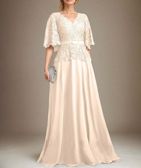A-line V-Neck Floor-Length Chiffon Lace Mother of the Bride Dress With Crystal Brooch Rhinestone