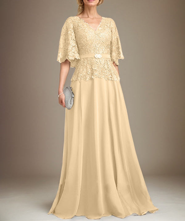 A-line V-Neck Floor-Length Chiffon Lace Mother of the Bride Dress With Crystal Brooch Rhinestone