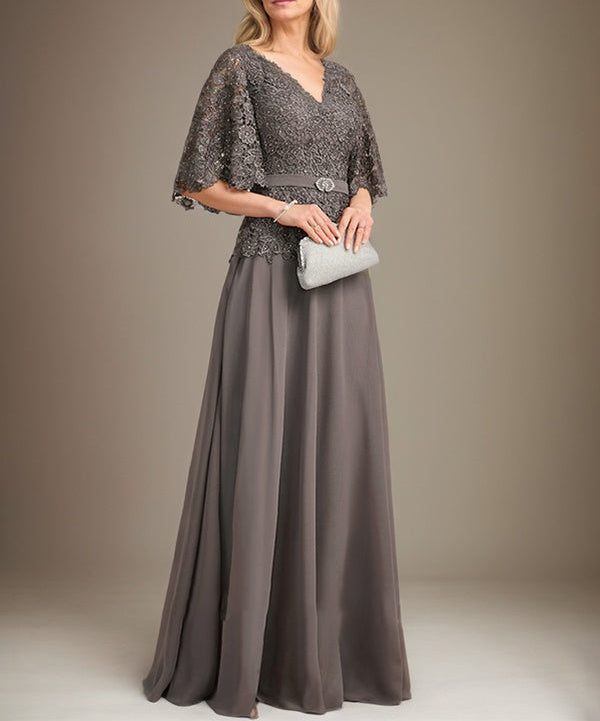 A-line V-Neck Floor-Length Chiffon Lace Mother of the Bride Dress With Crystal Brooch Rhinestone