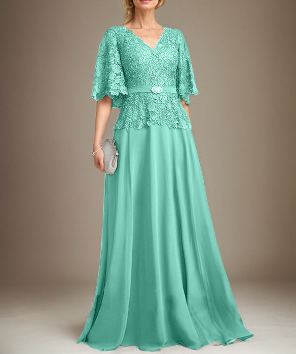 A-line V-Neck Floor-Length Chiffon Lace Mother of the Bride Dress With Crystal Brooch Rhinestone