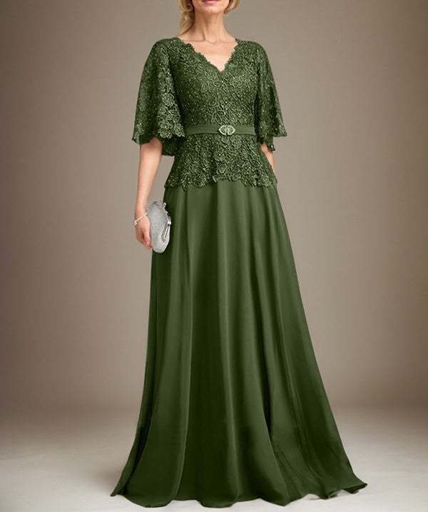 A-line V-Neck Floor-Length Chiffon Lace Mother of the Bride Dress With Crystal Brooch Rhinestone