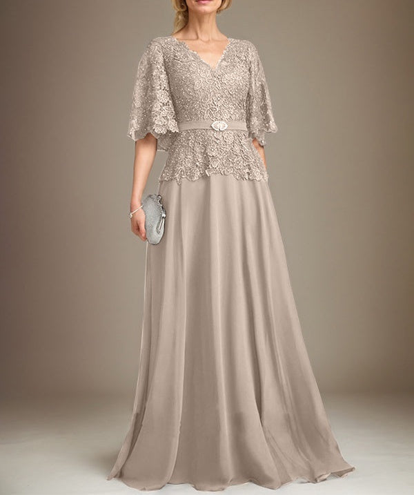 A-line V-Neck Floor-Length Chiffon Lace Mother of the Bride Dress With Crystal Brooch Rhinestone
