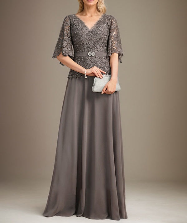 A-line V-Neck Floor-Length Chiffon Lace Mother of the Bride Dress With Crystal Brooch Rhinestone