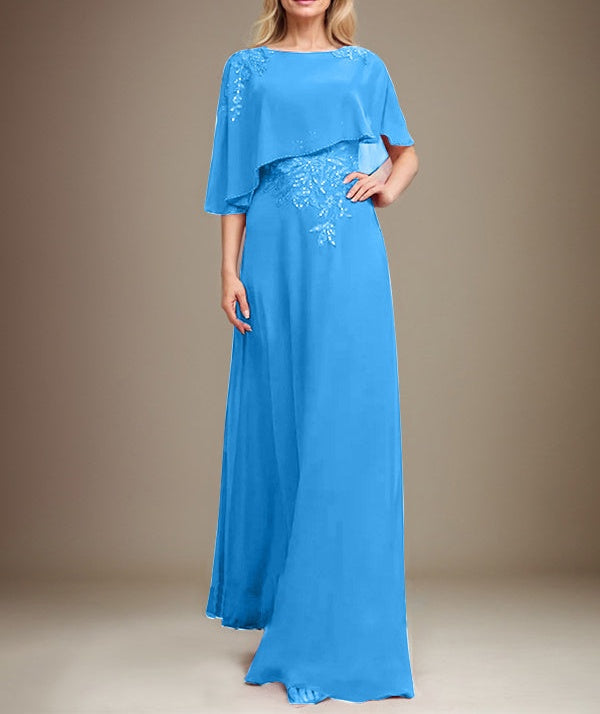 A-line Scoop Floor-Length Chiffon Lace Mother of the Bride Dress With Sequins Beading