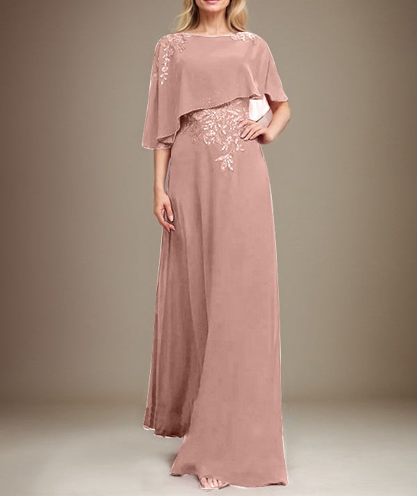 A-line Scoop Floor-Length Chiffon Lace Mother of the Bride Dress With Sequins Beading