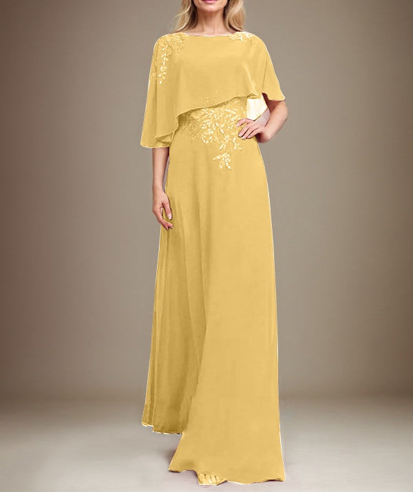 A-line Scoop Floor-Length Chiffon Lace Mother of the Bride Dress With Sequins Beading