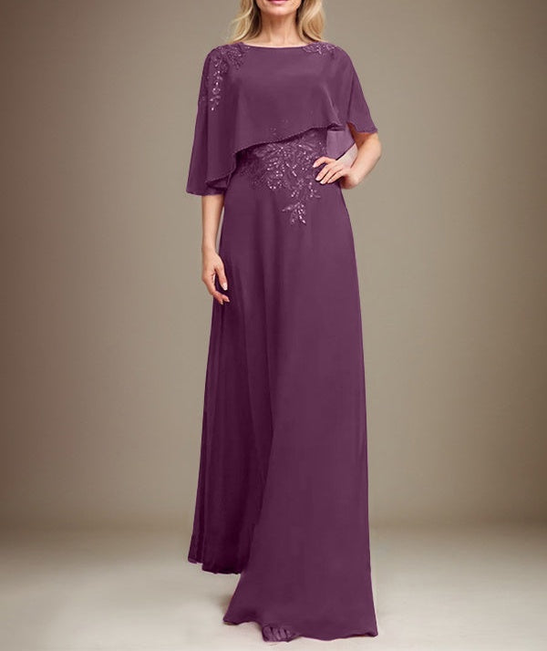A-line Scoop Floor-Length Chiffon Lace Mother of the Bride Dress With Sequins Beading