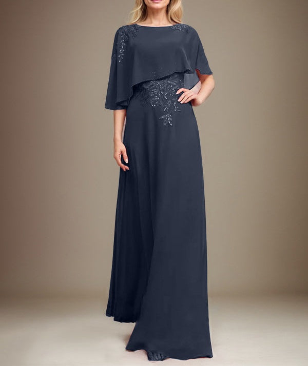 A-line Scoop Floor-Length Chiffon Lace Mother of the Bride Dress With Sequins Beading