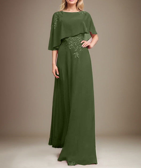 A-line Scoop Floor-Length Chiffon Lace Mother of the Bride Dress With Sequins Beading