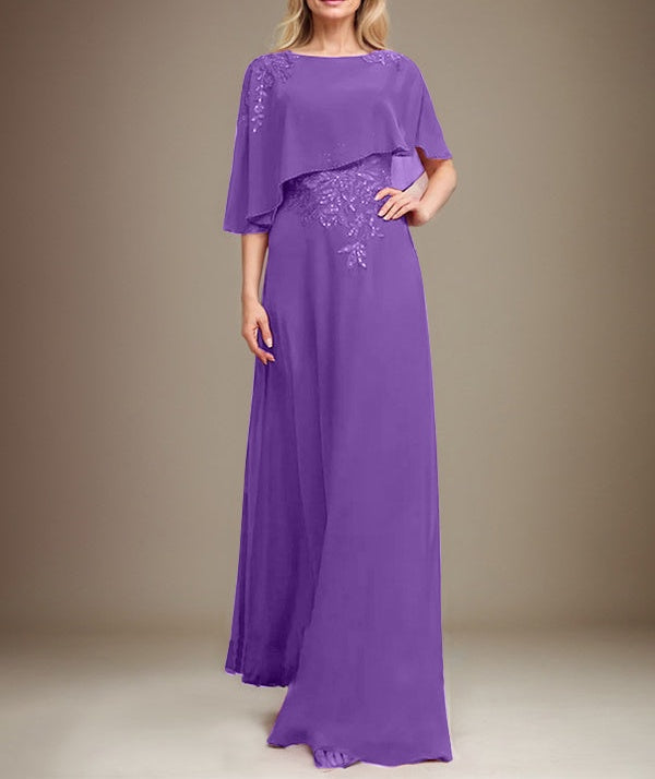 A-line Scoop Floor-Length Chiffon Lace Mother of the Bride Dress With Sequins Beading