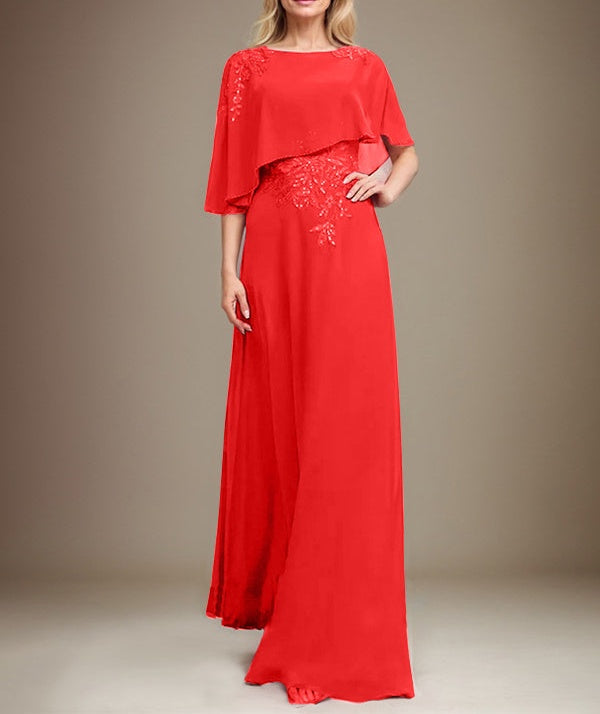 A-line Scoop Floor-Length Chiffon Lace Mother of the Bride Dress With Sequins Beading