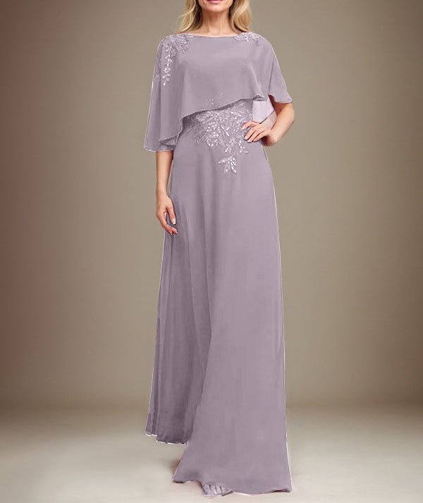 A-line Scoop Floor-Length Chiffon Lace Mother of the Bride Dress With Sequins Beading